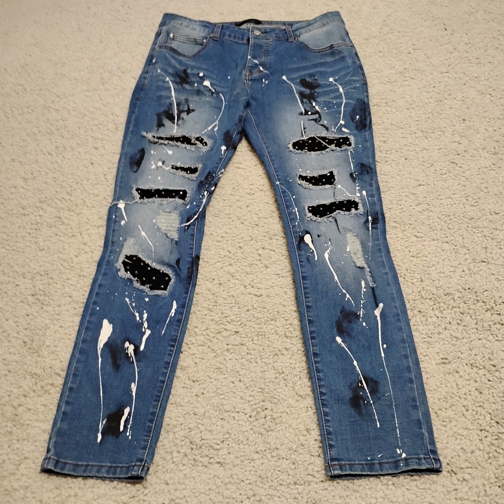 AMIRI Jeans Mens 34 Blue Denim Distressed Studded Paint Button Fly Designer USA